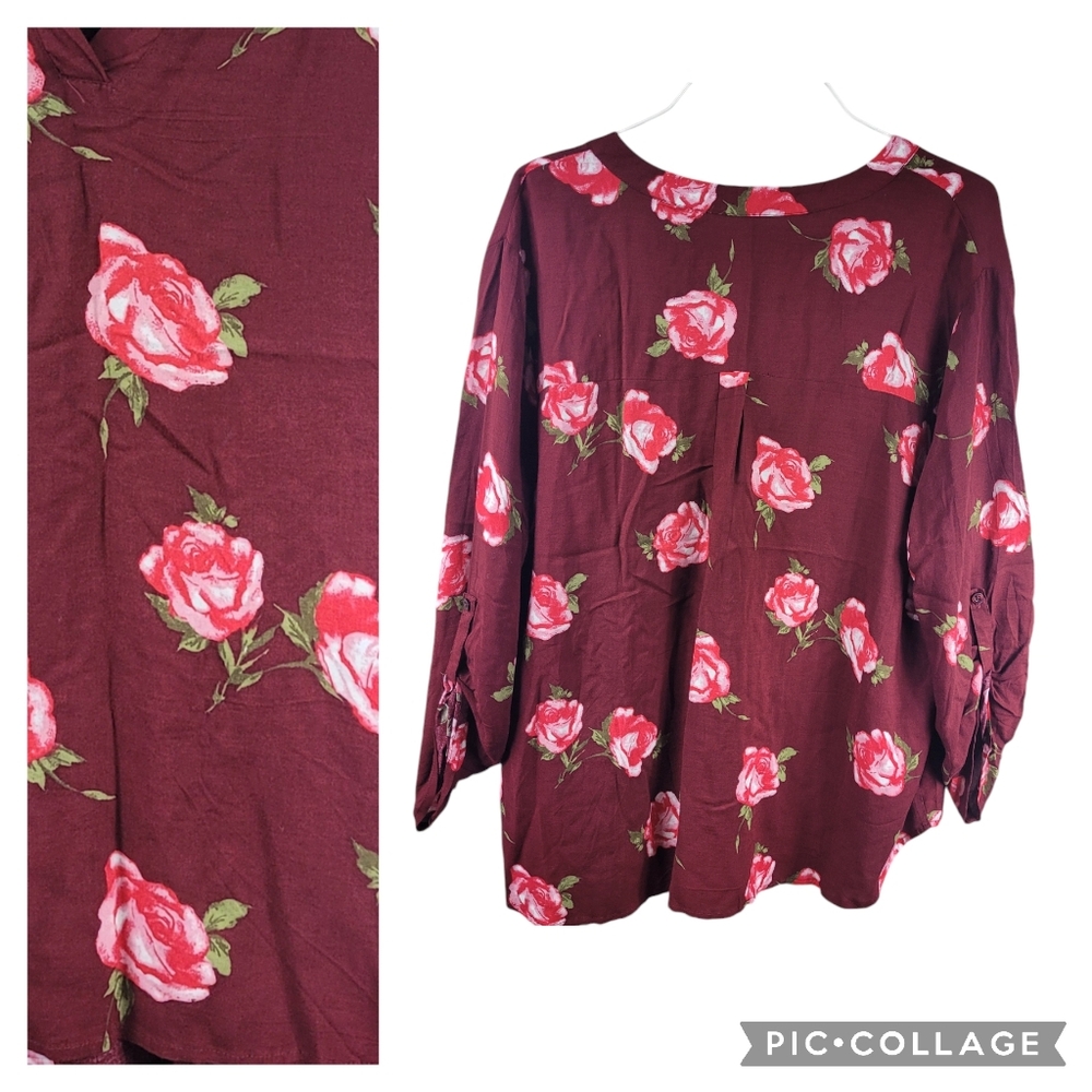 Sky Plus 3x Top Blouse Tunic Maroon with Pink Roses EUC Lightweight